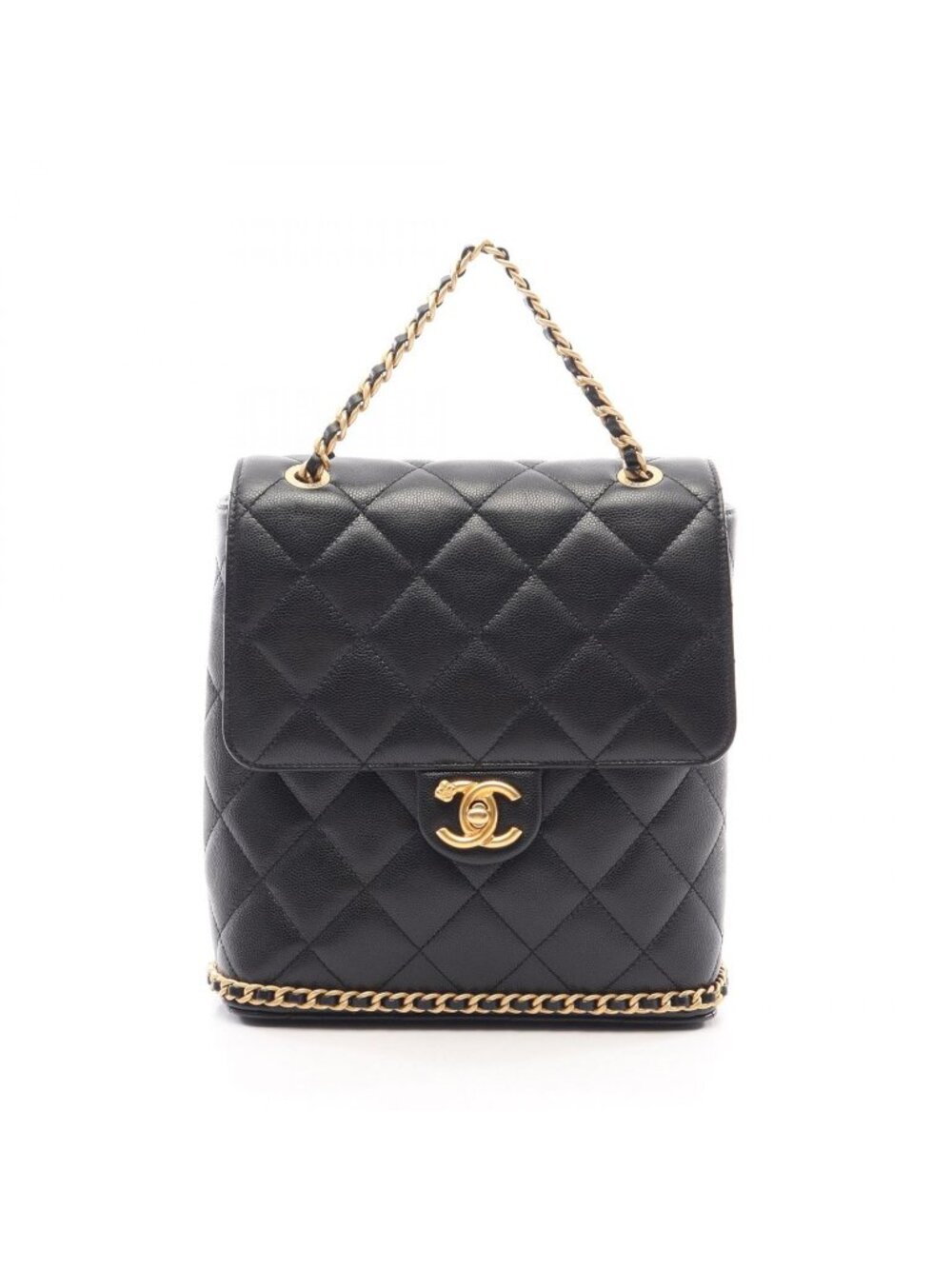 Chanel Backpack Quilted Camellia Black Caviar Leather Chain
